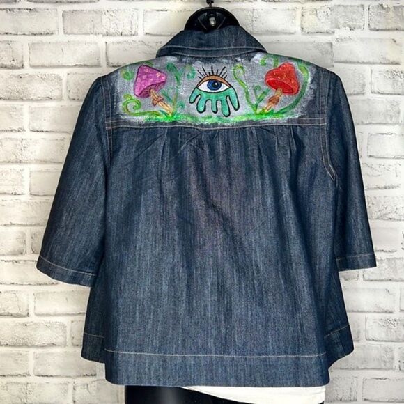 Baccini UpCycled Hand Painted Button Down 3/4 Sleeve Jean Jacket Size Medium - Picture 7 of 9